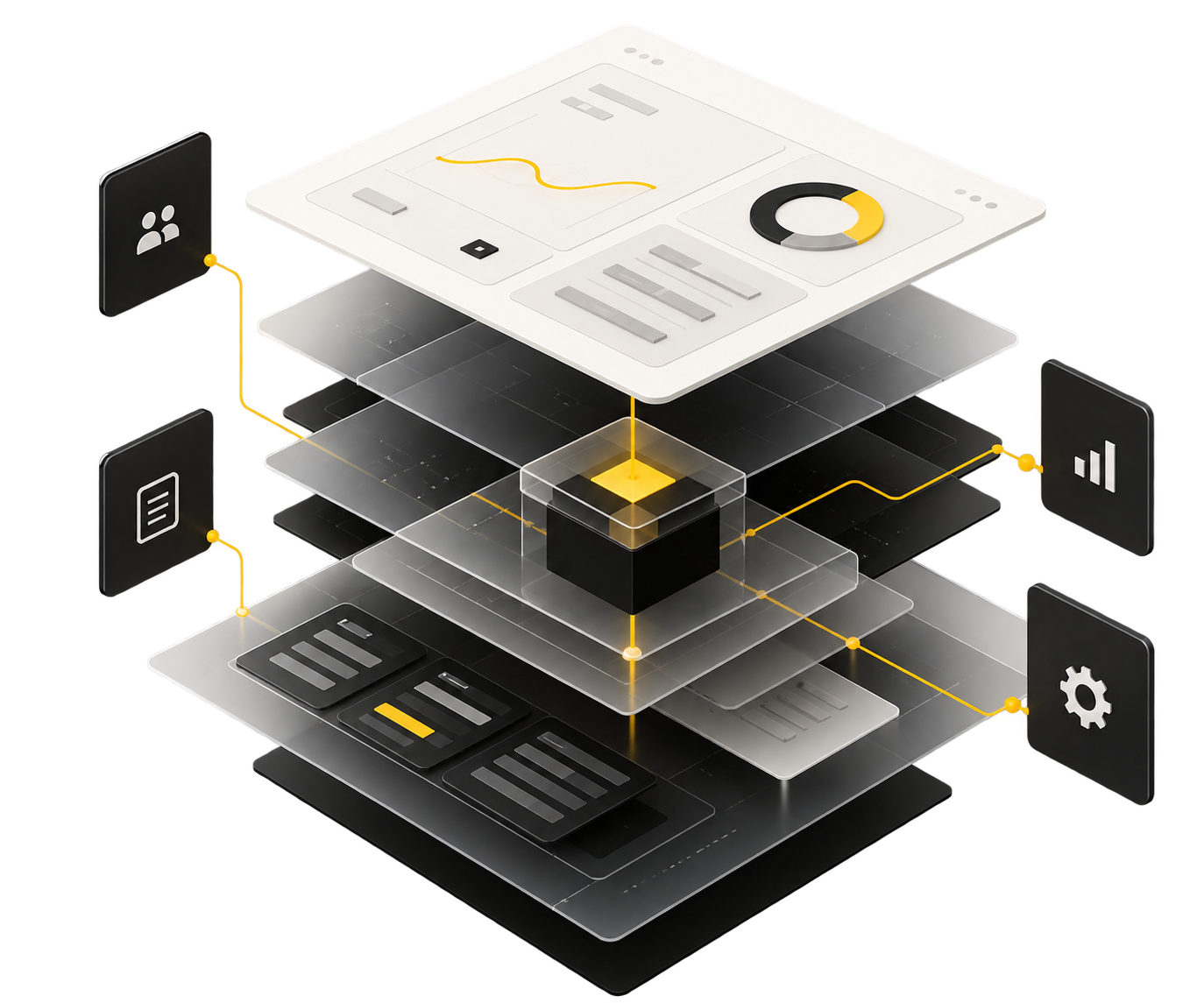 Composição abstrata de módulos conectados representando uma operação digital